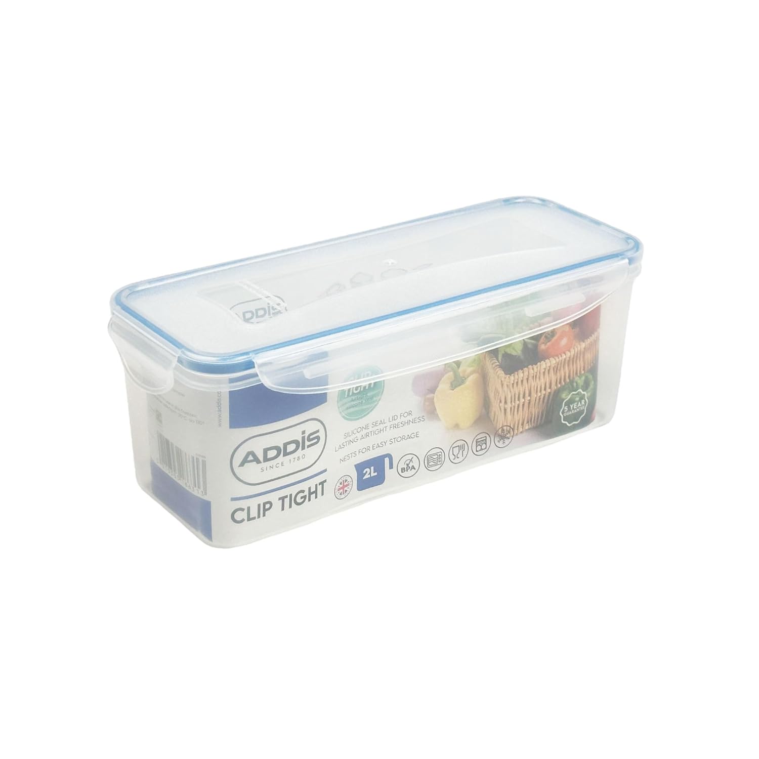 Addis Clip Tight Food Storage Container 2 Litre Narrow Rectangle Airtight Silicone Seal Containers Bpa Free Easy Locking Lid Clips