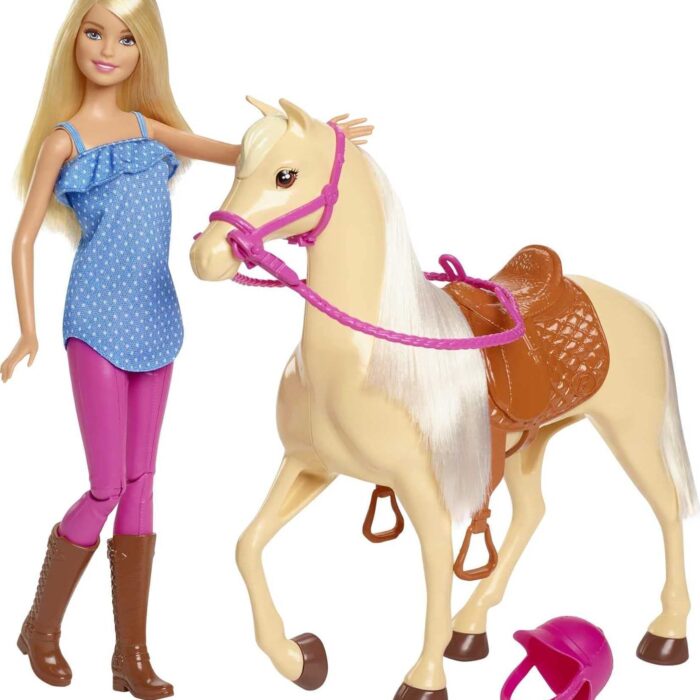 Barbie Playet with Blonde Fashion Doll in Riding Outfit & Light Brown Horse with Saddle
