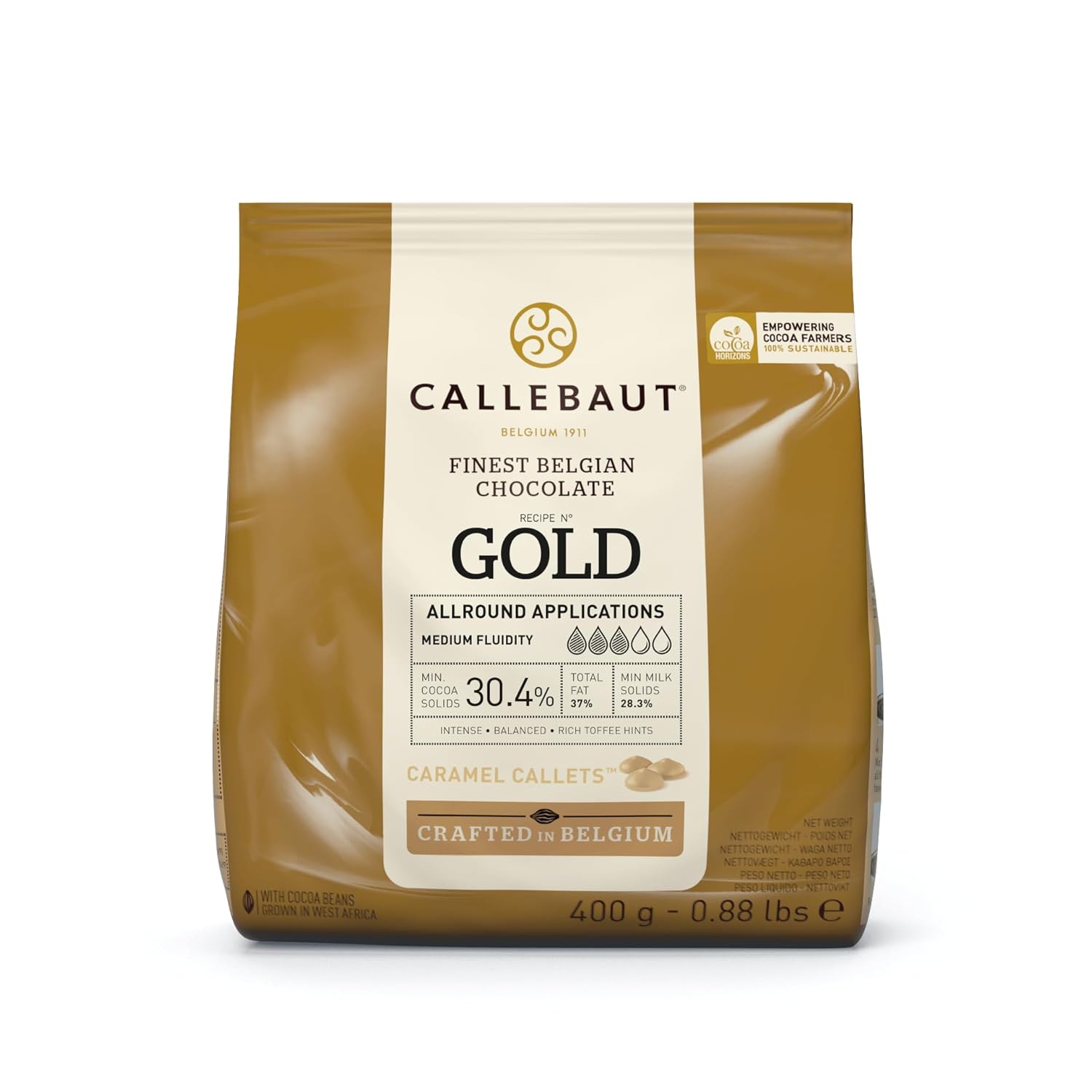 Callebaut Finest Belgian Gold Chocolate with Caramel Couverture Callets 400g