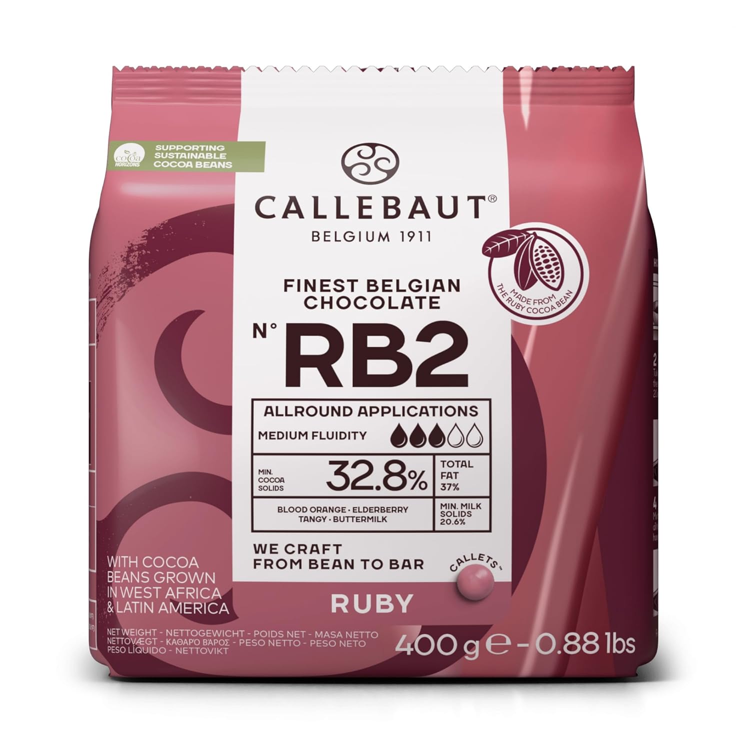 Callebaut RB2 Finest Belgian Ruby Chocolate Couverture Callets 32.8% 400g