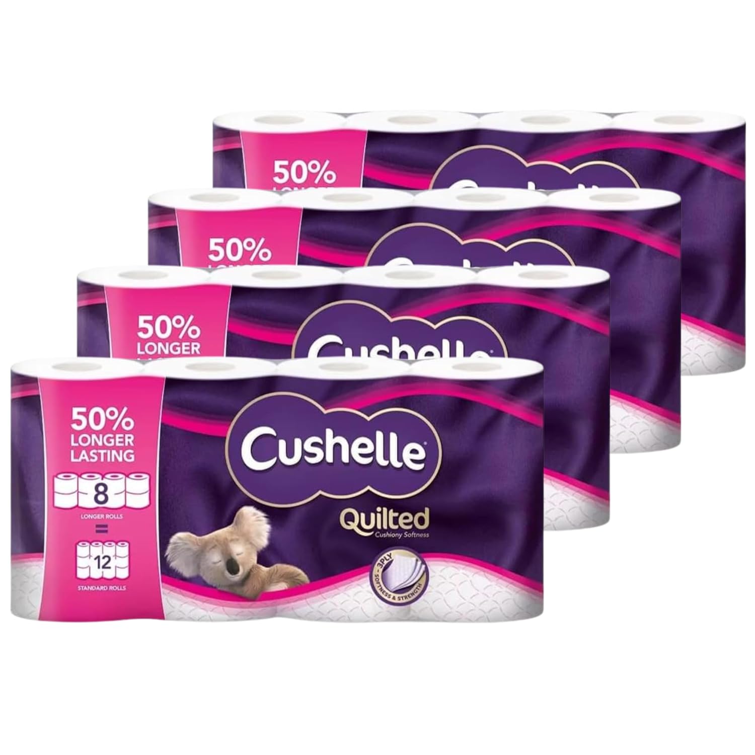 Cushelle Quilted 3-Ply Double Size 50% Longer Soft Absorbent Rolls 32 Pack - 236 Sheets