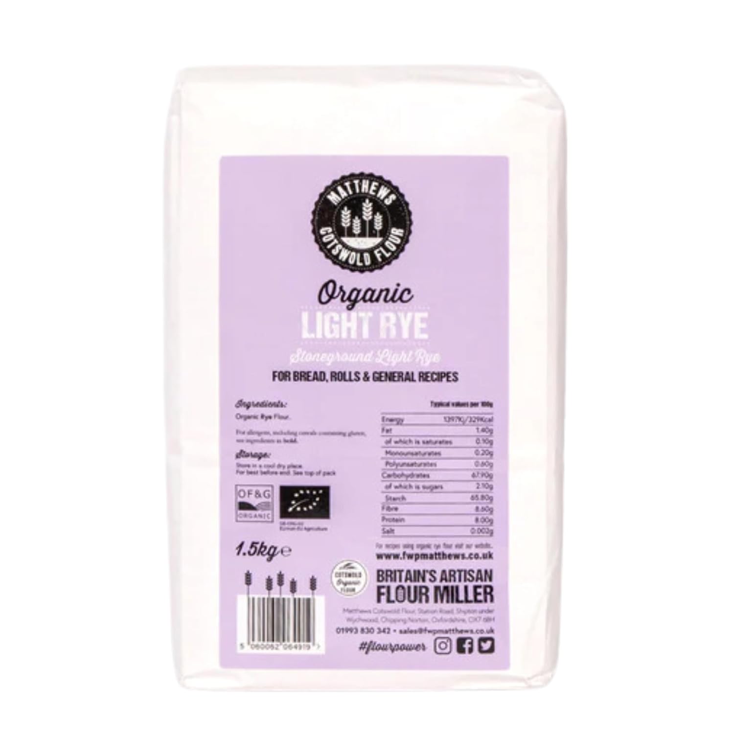 Matthews Cotswold Organic Traditionally Stoneground Light Rye Flour - 1.5kg Bag (Single Bag)
