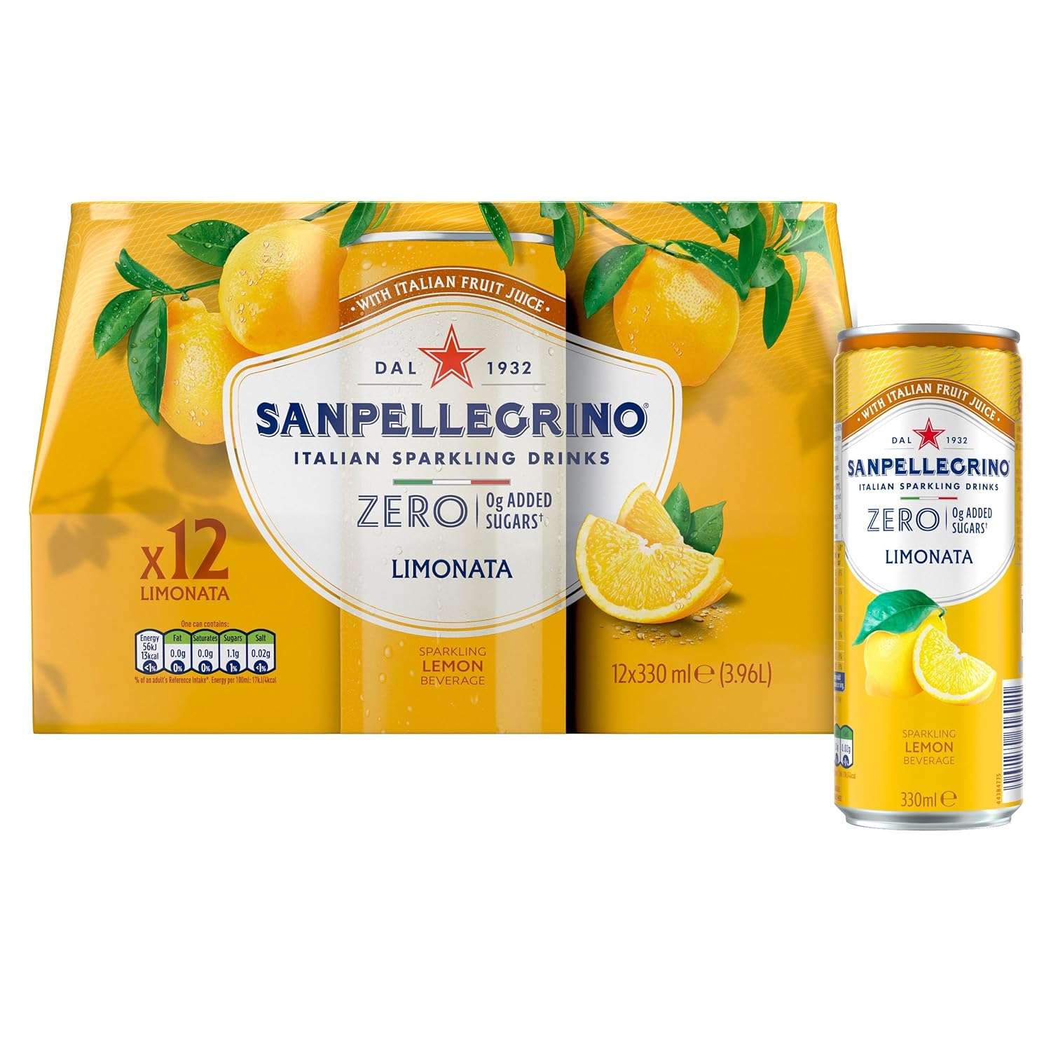 San Pellegrino Italian Sparkling Drinks Zero Sparkling Lemon Canned Soft Drink 12 x 330ml