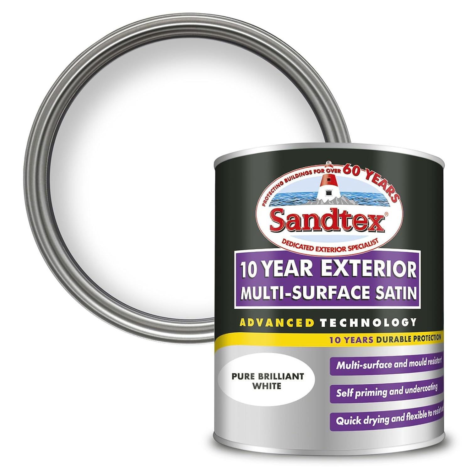 Sandtex 10 Year Multi Surface Satin Paint Brilliant White 750ml