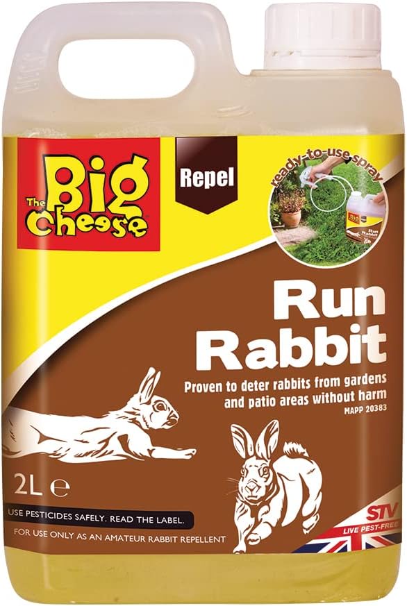 The Big Cheese Run Rabbit Repellent – 2 L with Backpack Sprayer. Ready-To-Use. Humane Deterrent. Prevents Burrowing