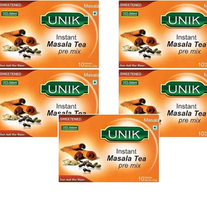 Unik Masala Tea Sweet 220g (Pack of 5) - Instant Pre-Mix Powder - Sweetened Version