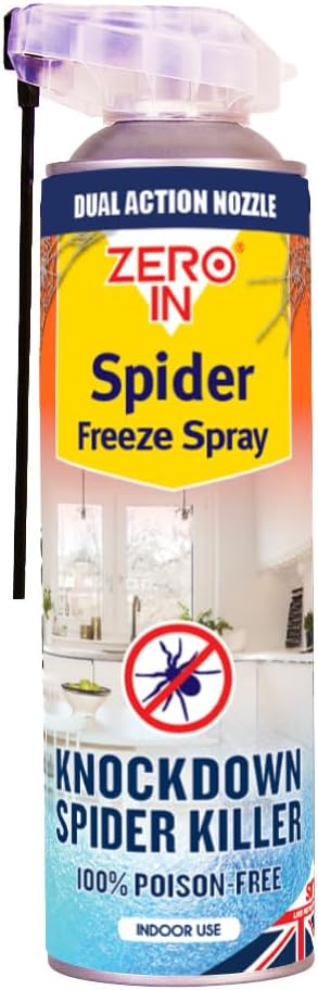 Zero In Spider Freeze Spray 500ml – Instant Knockdown Spider Killer – 100% Poison-Free – Dual-Action Nozzle – Safe for Use Around Children & Pets – Indoor Spider Catcher...